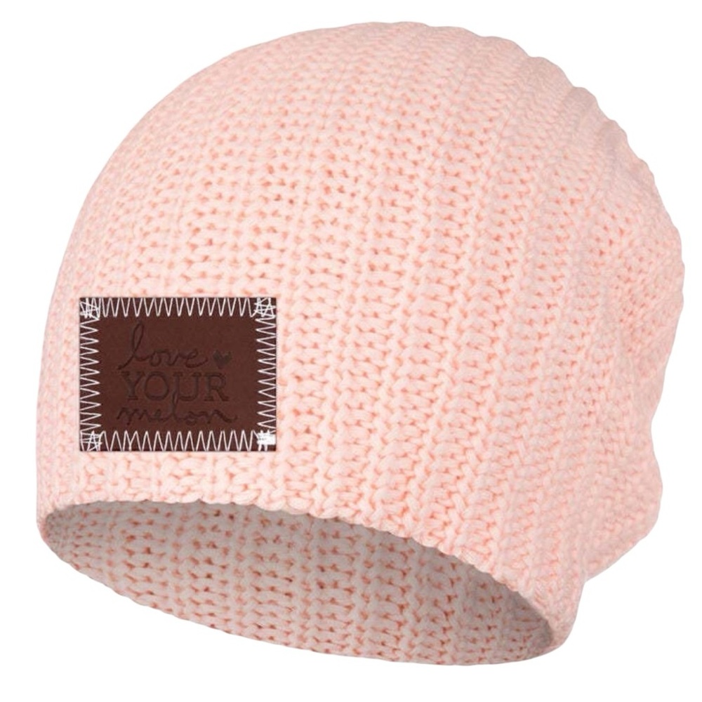 Love Your Melon Beanie – Light Pink Knit Winter Hat – Leather Patch – One Size